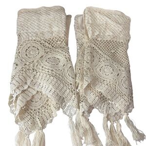Vintage Set Of 2 Crochet Window Valance Beige Tassel Farmhouse Cottage 75" x 20"
